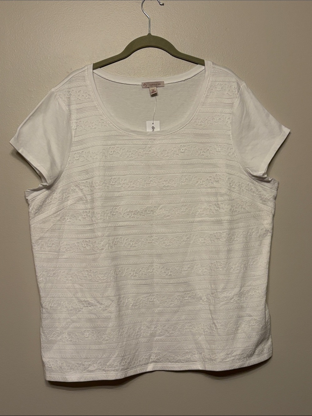dressbarn White Short-Sleeve Lace-Stripe Scoop Neck Top. Size 2X